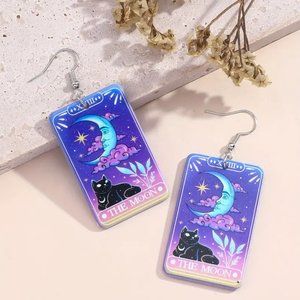 The Moon Tarot Card Black Cat Colorful Acrylic Dangle Earrings NEW